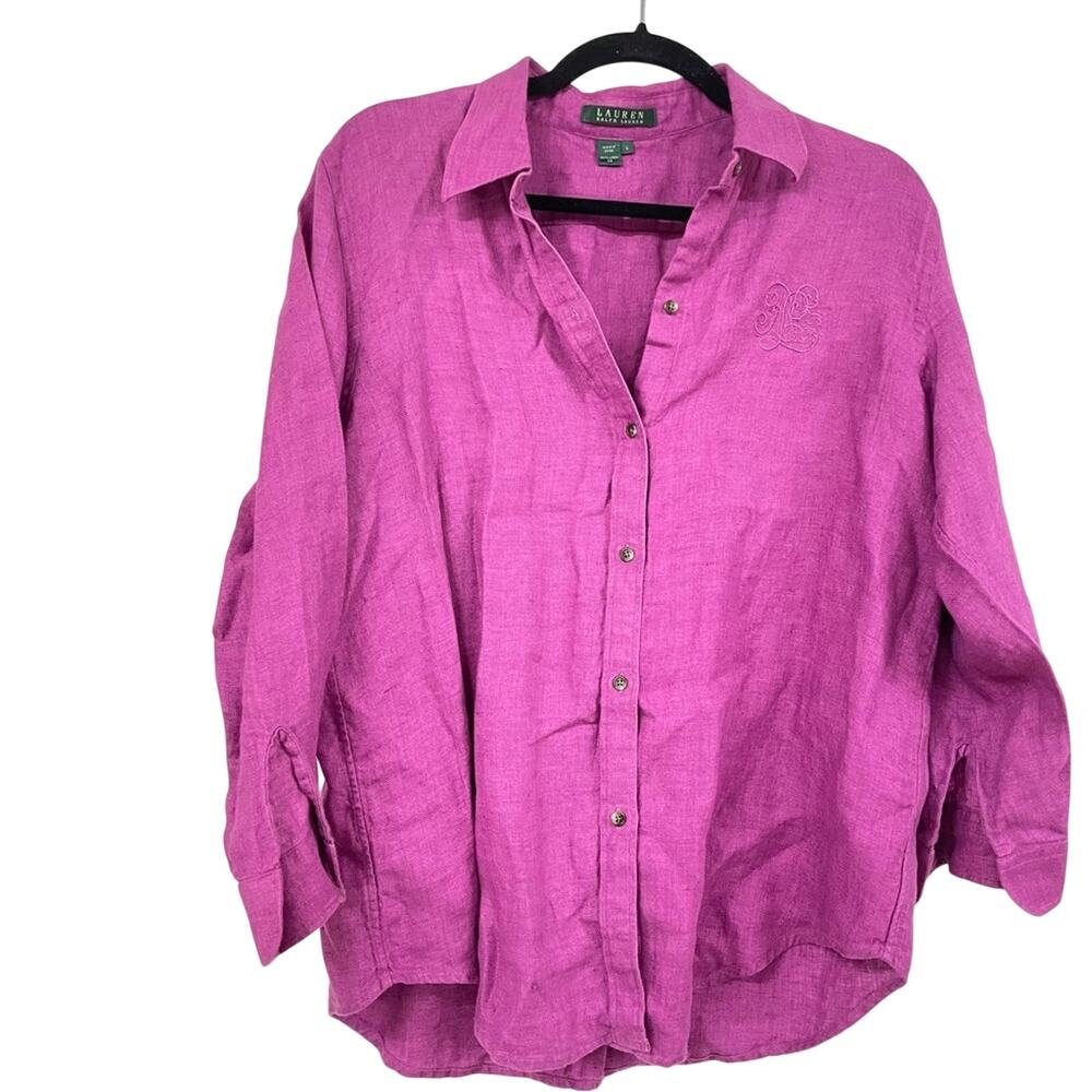 Lauren Ralph Lauren Purple Linen 3/4 Sleeve Blouse Womens L Summer Lagenlook